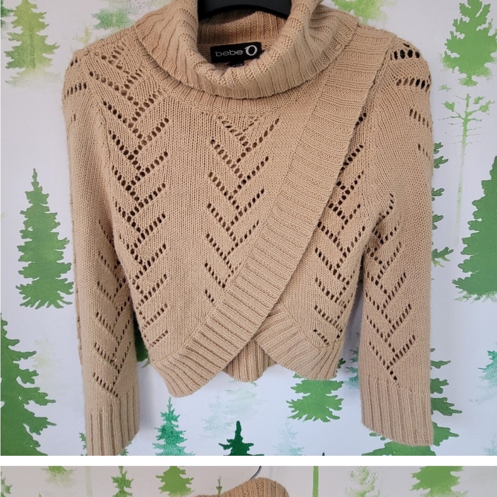 Bebe Tan Cowl Neck Sweater with Intricate Knit Design